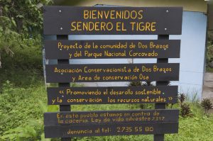 Entance sign for the Rio Tigre Trail in Corcovado Nacional Park